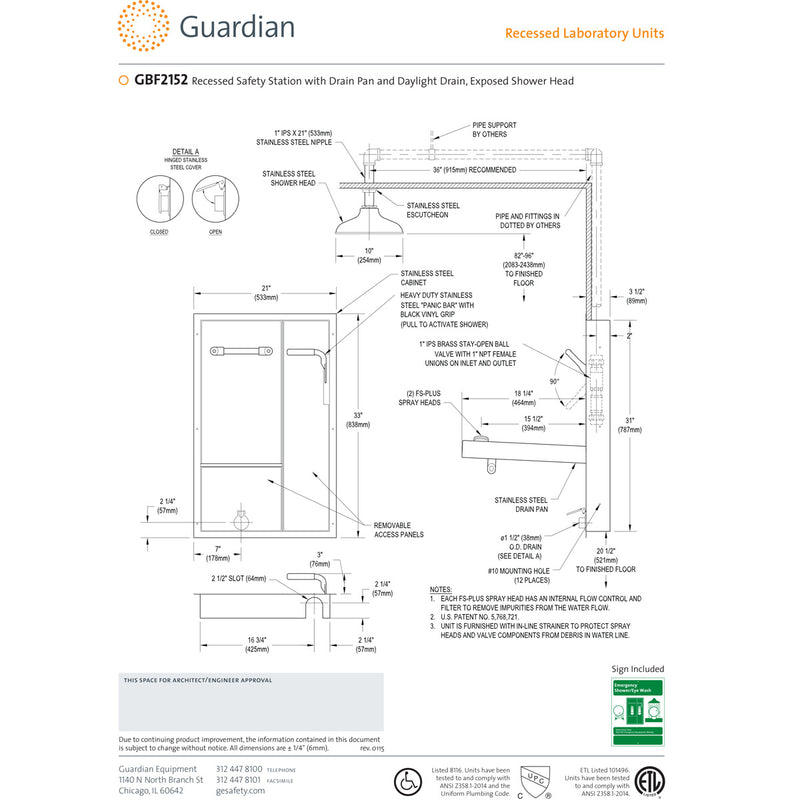 Guardian GBF2152 Recessed Laboratory Safety Station, Ceiling Mounted