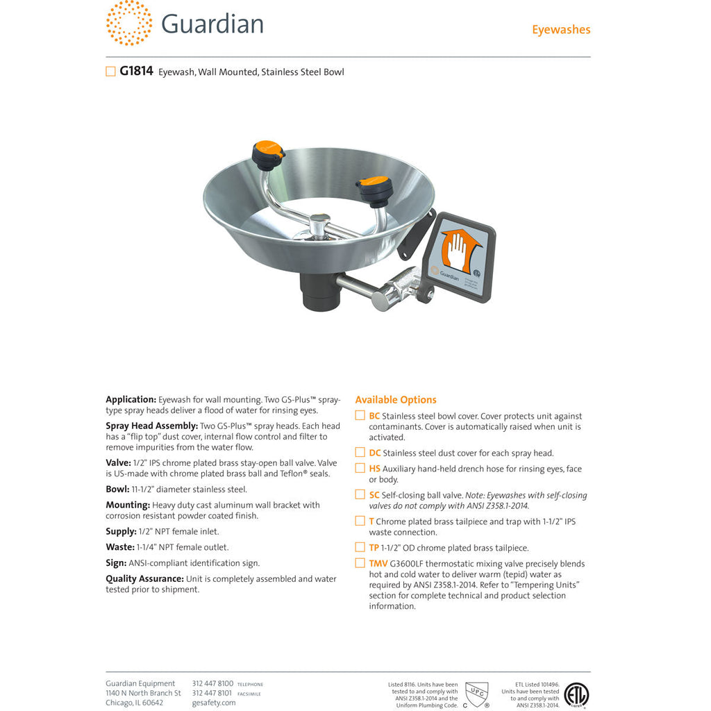 Guardian G1814-T Wall Mount Eyewash Station | EyewashDirect.com