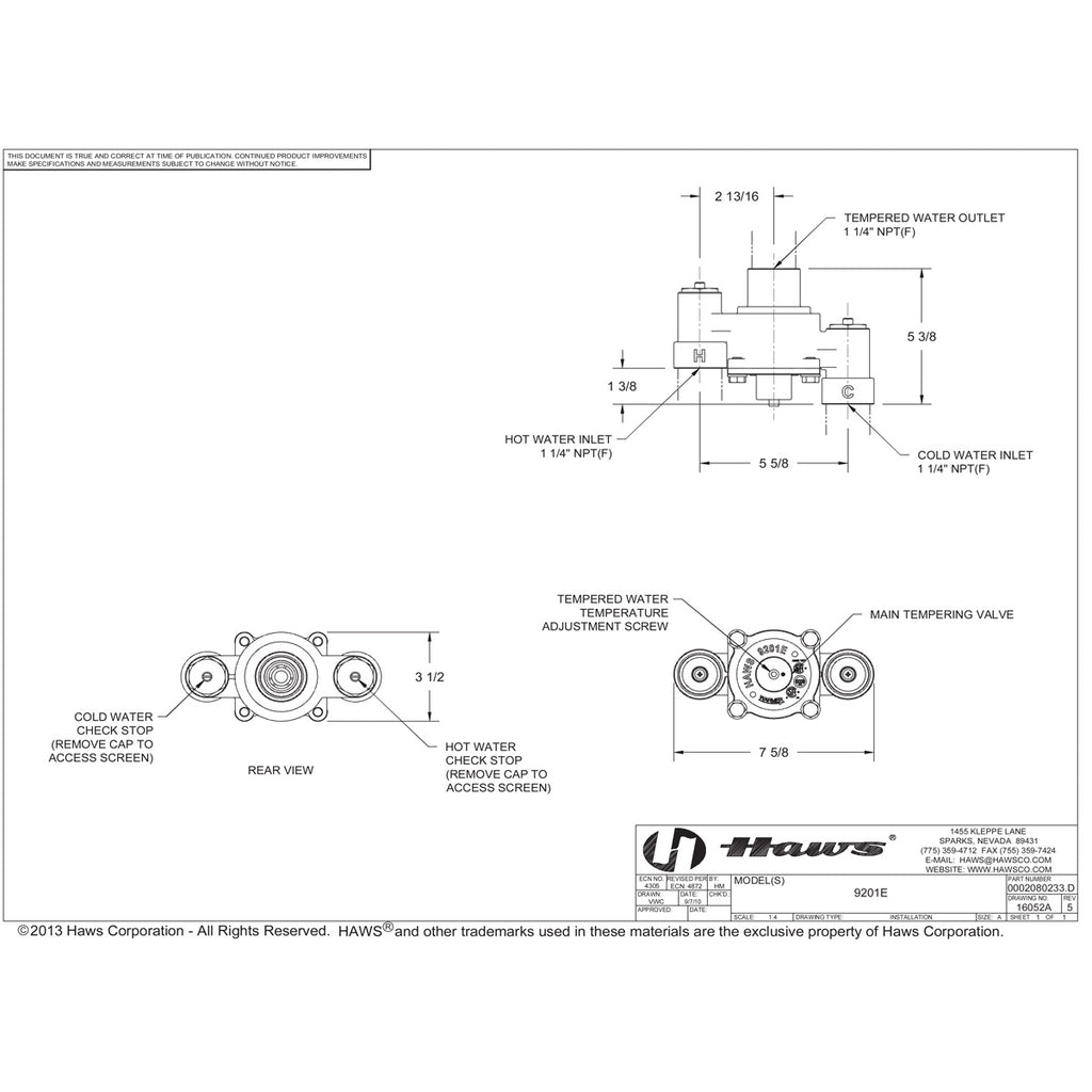 Haws 9201E Thermostatic Mixing Valve for Eyewash Stations Tepid
