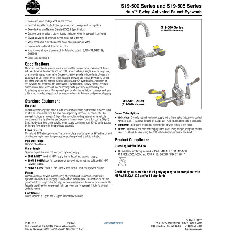 Bradley S19-500T Deck-Mount Swing-Activated Faucet/Eyewash Unit, Tempered Faucet, Right Hand