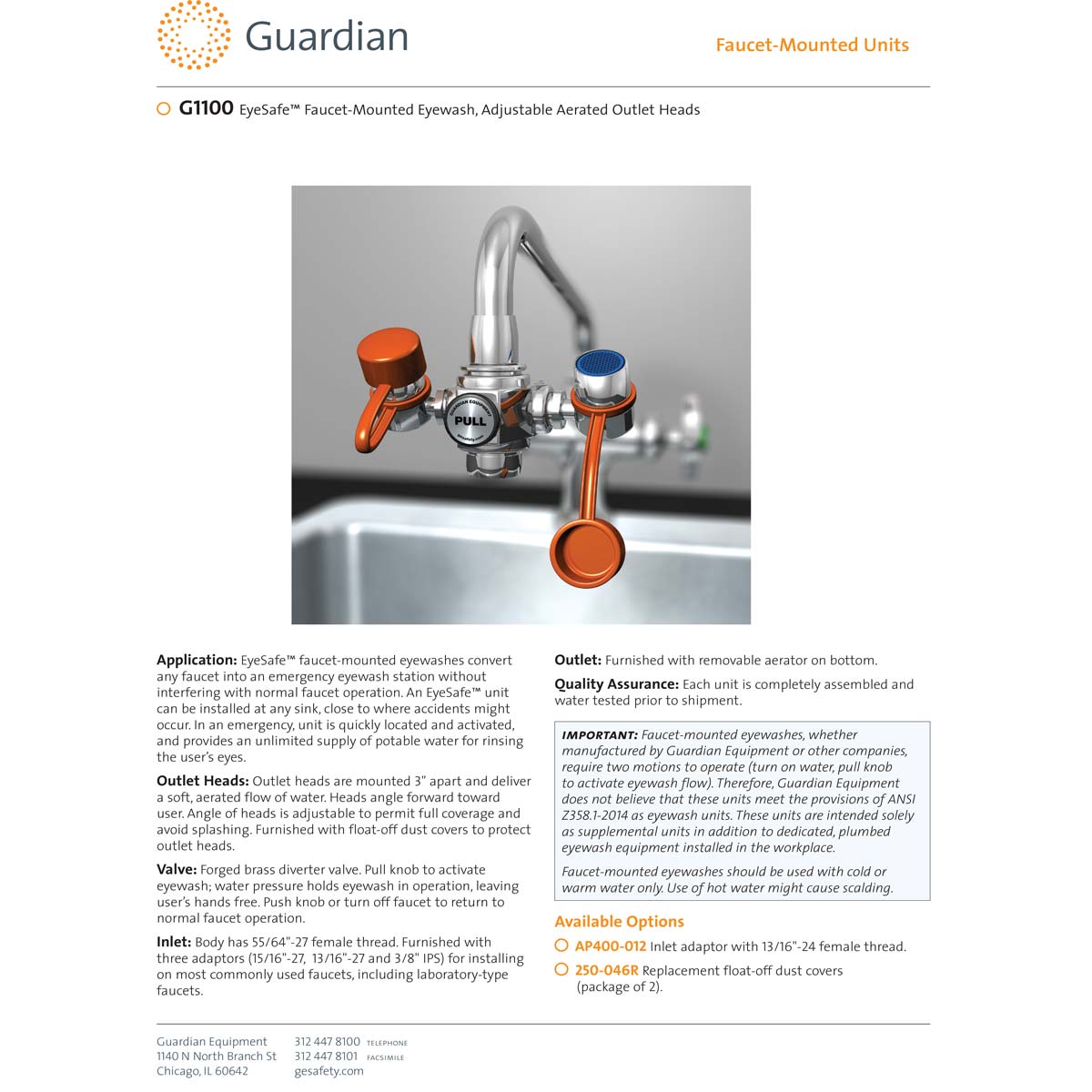Guardian Eyewash (2 x G1100 + Dust Caps) Faucet Mount