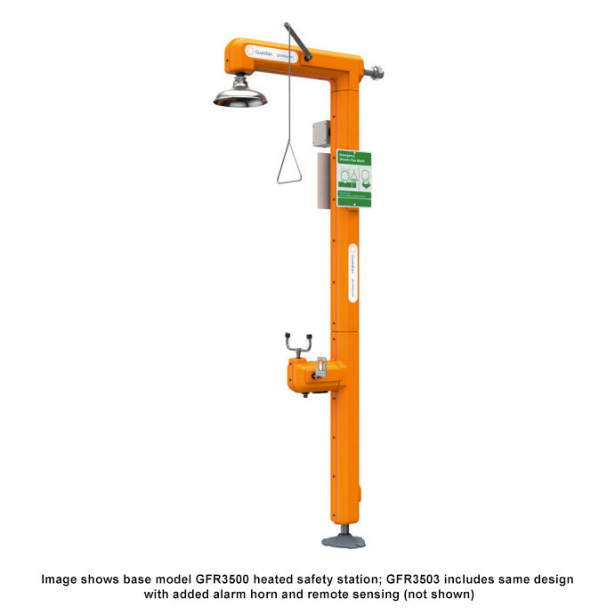 Guardian GFR3503 Heated Safety Station with Eyewash, Stainless Steel Pipe/Fittings, Top Inlet, Rated for Class I, Division 2 Environment, Alarm horn and remote sensing capability