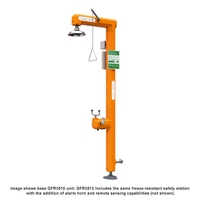 Guardian GFR3513 Heated Safety Station with Eyewash, Stainless Steel Pipe/Fittings, Bottom Inlet, Rated for Class I, Division 2 Environment, Alarm horn and remote sensing capability