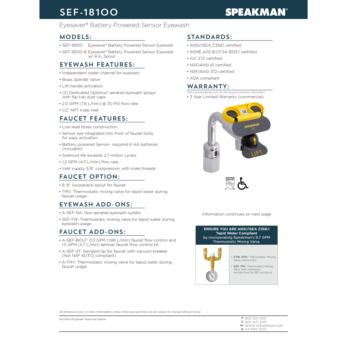 Speakman Eyesaver SEF-18100-TMV Battery Powered Sensor Eyewash Faucet & 1070 TMV - SEF-18100-TMV