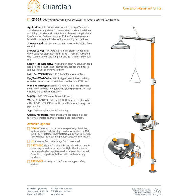 Guardian G1996 Safety Station with Eye/Face Wash Station, All-Stainless Steel