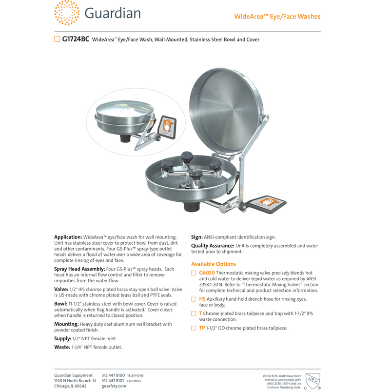 Guardian G1724BC WideArea Eye/Face Wash, Wall Mounted, Stainless Steel Bowl and Cover