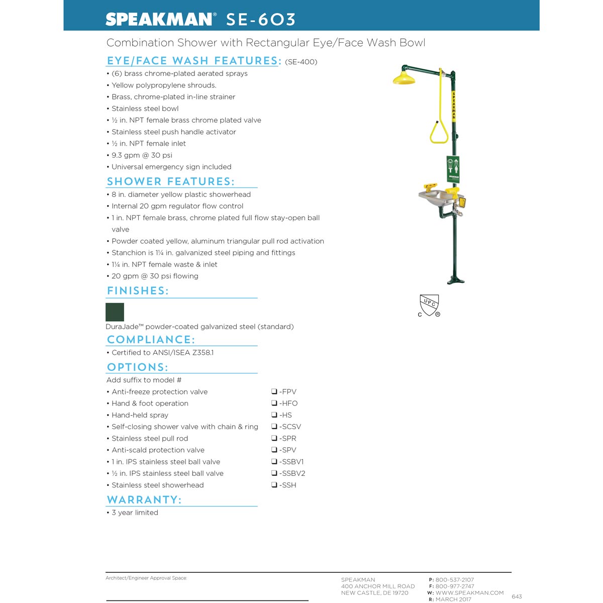 Speakman SE-603 Combination Stay open shower w/pull rod activation, SE-400 eye/face wash