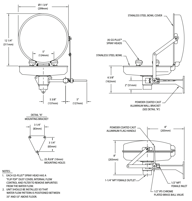 Guardian G1724BC WideArea Eye/Face Wash, Wall Mounted, Stainless Steel Bowl and Cover