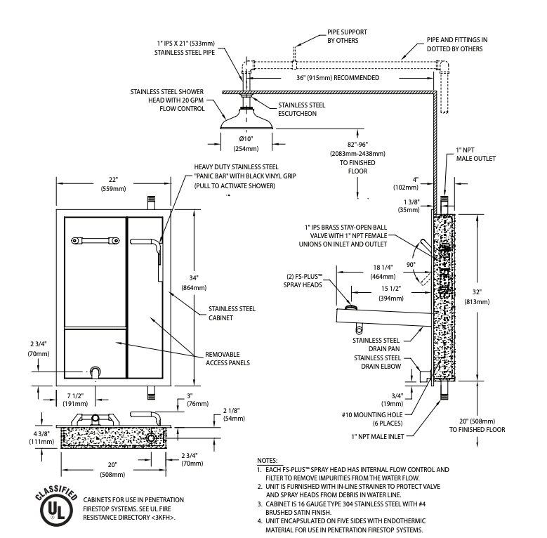 Guardian GBF2352 Recessed Safety Station with Drain Pan and Daylight Drain, Exposed Shower Head, Fire-Rated Construction