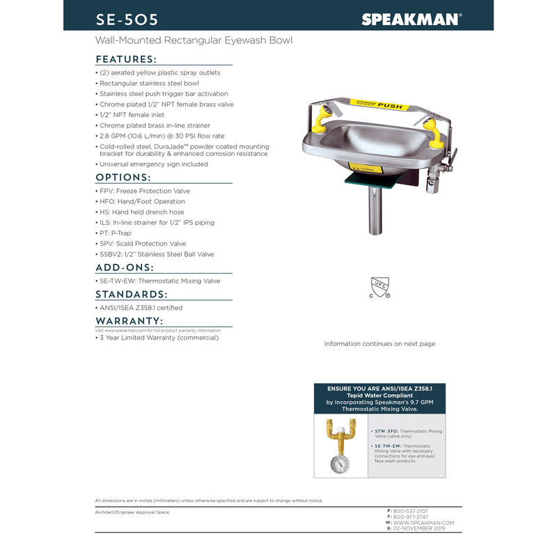 Speakman SE-505 Rectangular bowl eyewash Wall mounted, SS bowl, trigger bar activated