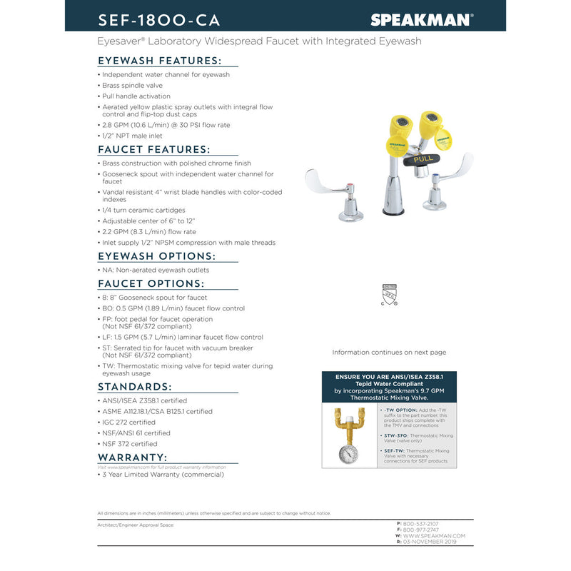 Speakman SEF-1826-TW Electronic Eyesaver(R) Eyewash and Lavatory Faucet, with Thermostatic Mixing Valve