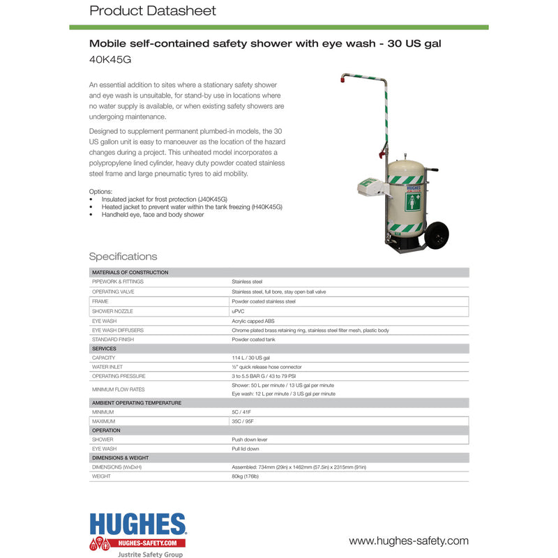 Hughes 40K45G Mobile Safety Shower and Eyewash with Integral Stainless Steel Cart