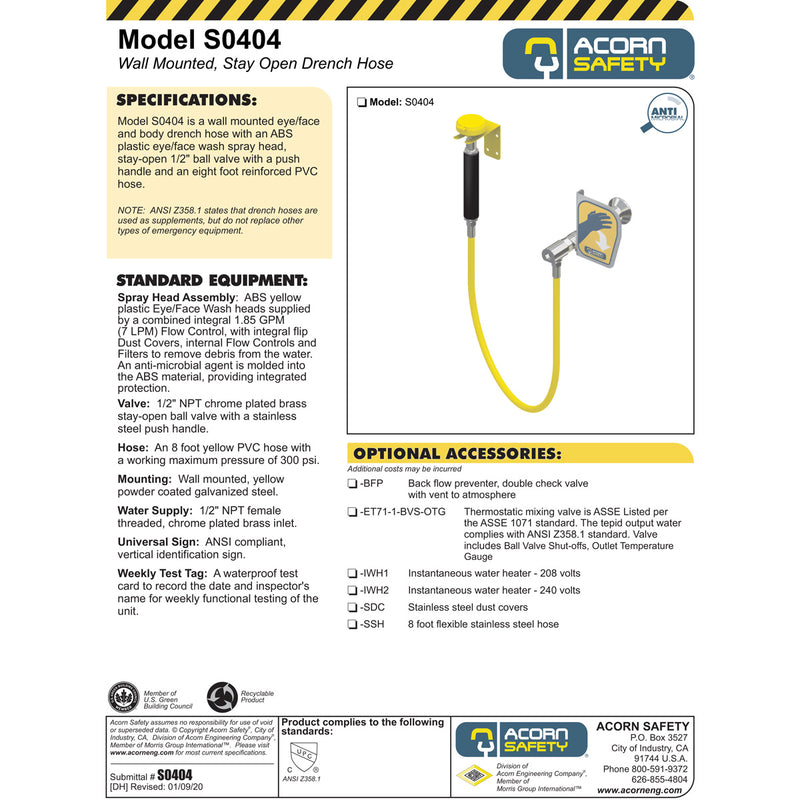 Acorn S0404 Wall Mounted Stay Open Drench Hose
