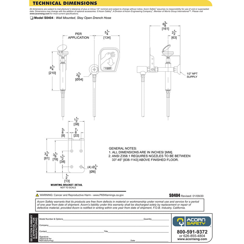 Acorn S0404 Wall Mounted Stay Open Drench Hose