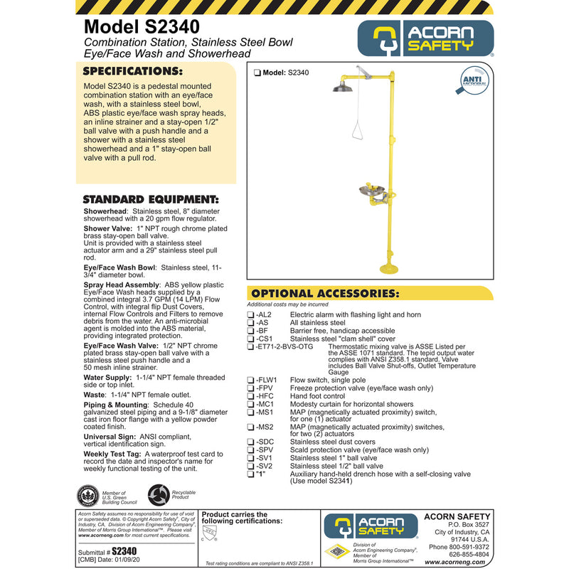 Acorn S2340 Combination Eye/Face Wash Station Drench Shower w/ SS Bowl
