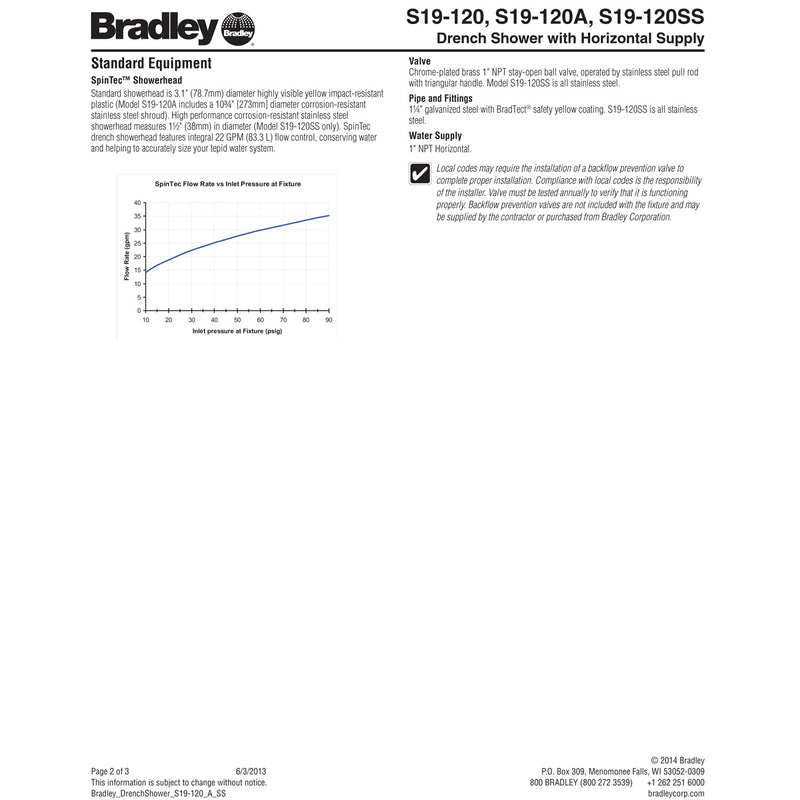 Bradley S19-120A Horizontal Safety Shower w/ SpinTec SS Shower Head