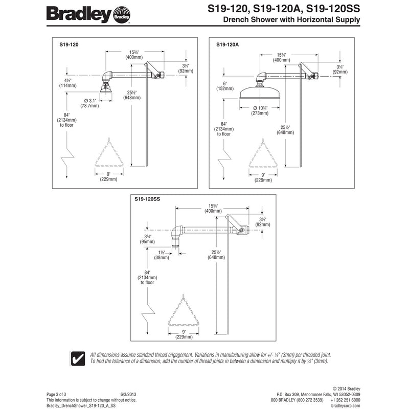 Bradley S19-120A Horizontal Safety Shower w/ SpinTec SS Shower Head