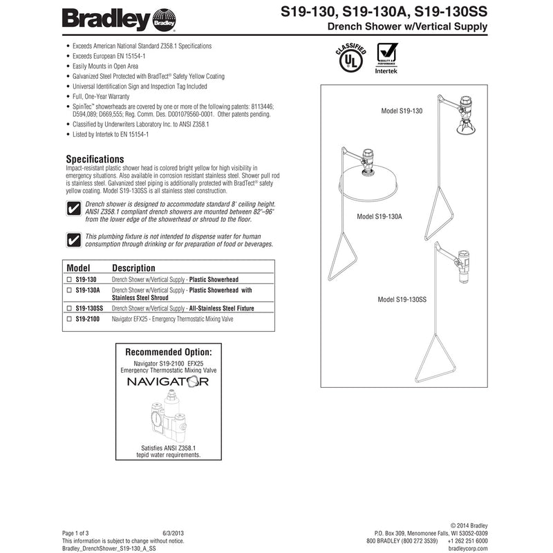 Bradley S19-130A Vertical Safety Shower w/ Spintec SS Shower Head
