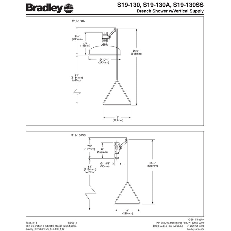 Bradley S19-130 Vertical Safety Shower w/ Spintec Plastic Shower Head