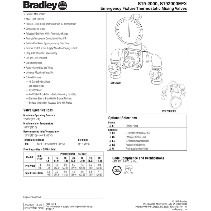 Bradley S19-2000 Eyewash Mixing Valve, 8 GPM | Bradley Emergency