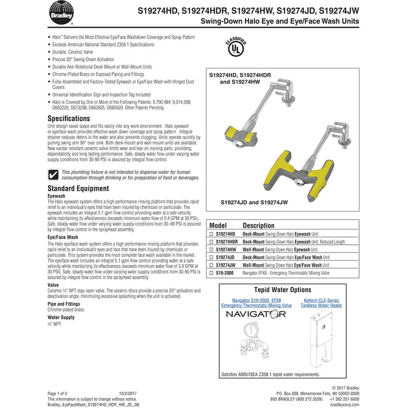 Bradley S19274HW, Wall Mount Swing Down Halo Eyewash