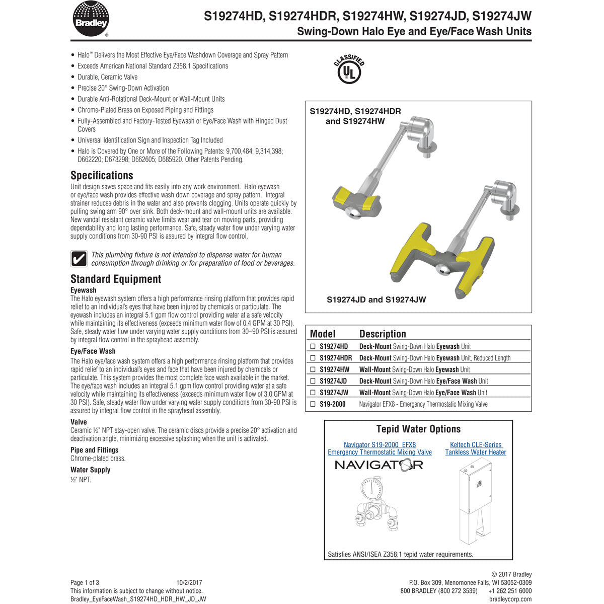 Bradley S19274HW, Wall Mount Swing Down Halo Eyewash