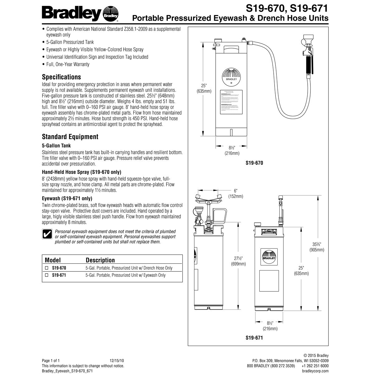 Bradley S19-670 Portable Eyewash 5 Gallon w/ Drench Hose Only