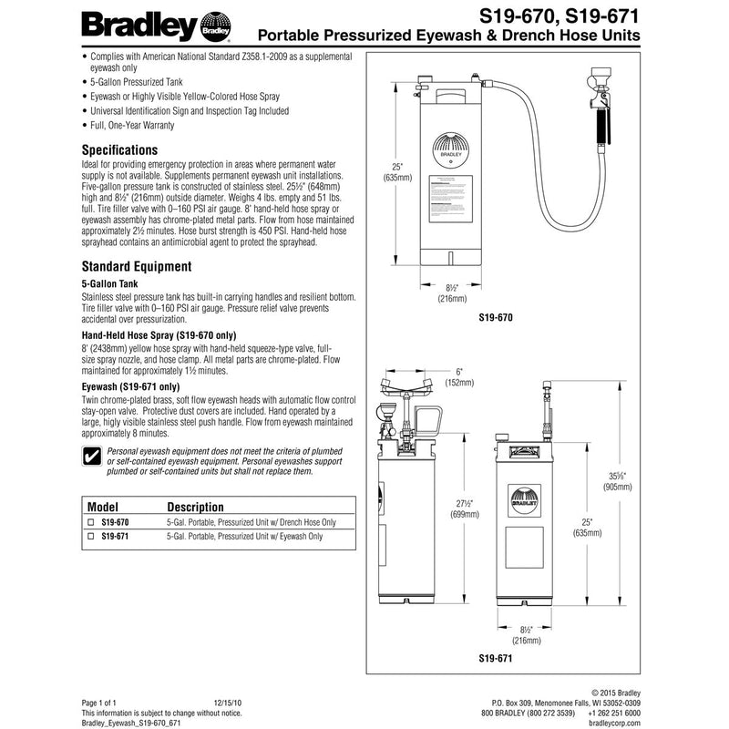 Bradley S19-670 Portable Eyewash 5 Gallon w/ Drench Hose Only