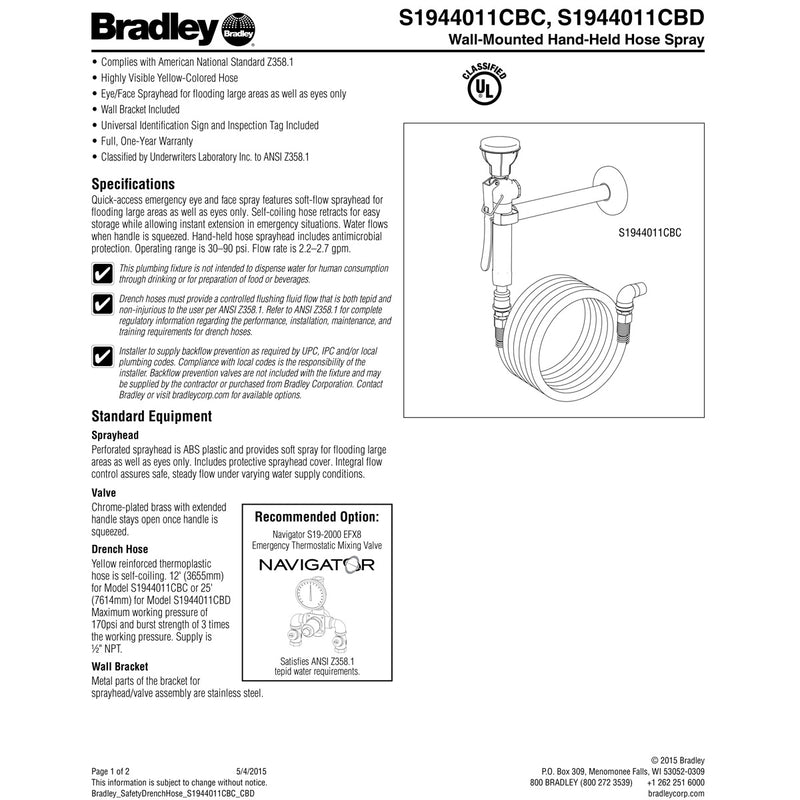 Bradley S1944011CBC Wall-Mounted Hand-Held Hose Spray