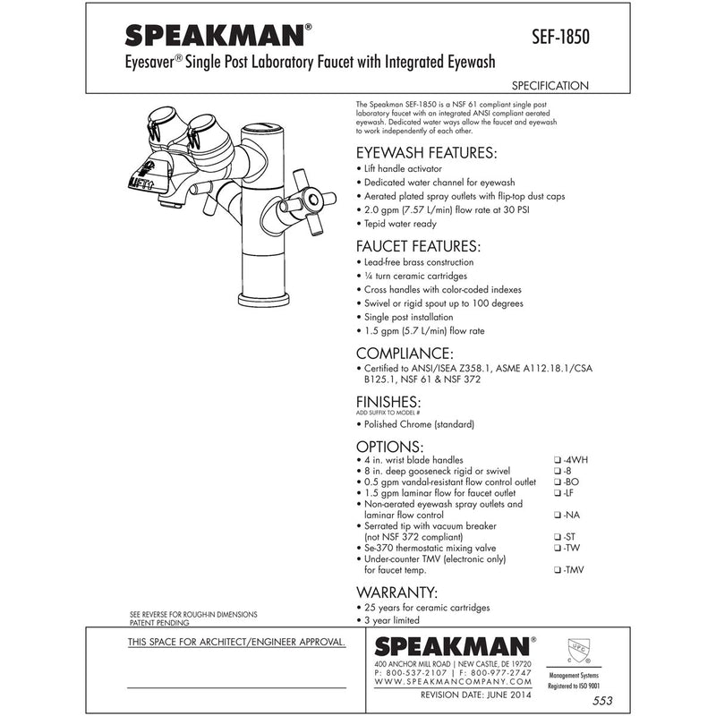 Speakman SEF-1850 Combination Eyewash  Faucet Speakman SEF-1850 