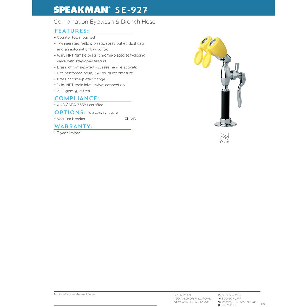 Speakman SE-927-VB-NA Deck Mounted Drench Hose & Eyewash Combination with Vacuum Breaker and Non-aerated Sprays - SE-927-VB-NA