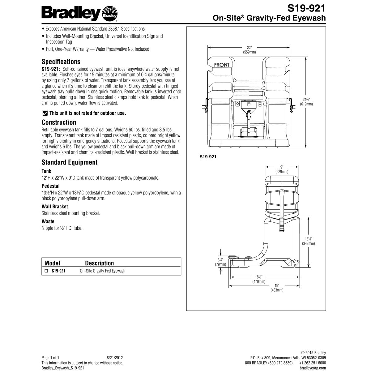 Bradley S19-921 Gravity Fed Portable Eye Wash Station w/ Clear Tank