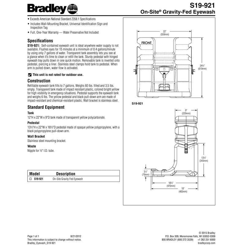 Bradley S19-921 Gravity Fed Portable Eye Wash Station w/ Clear Tank