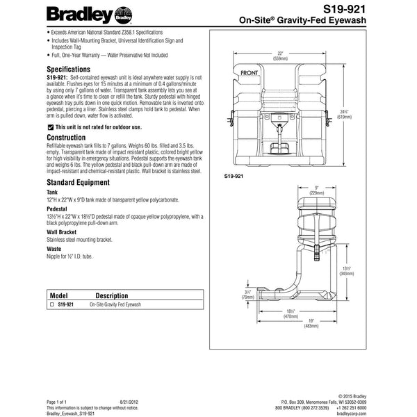 Bradley S19-921 Gravity Fed Portable Eye Wash Station w/ Clear Tank