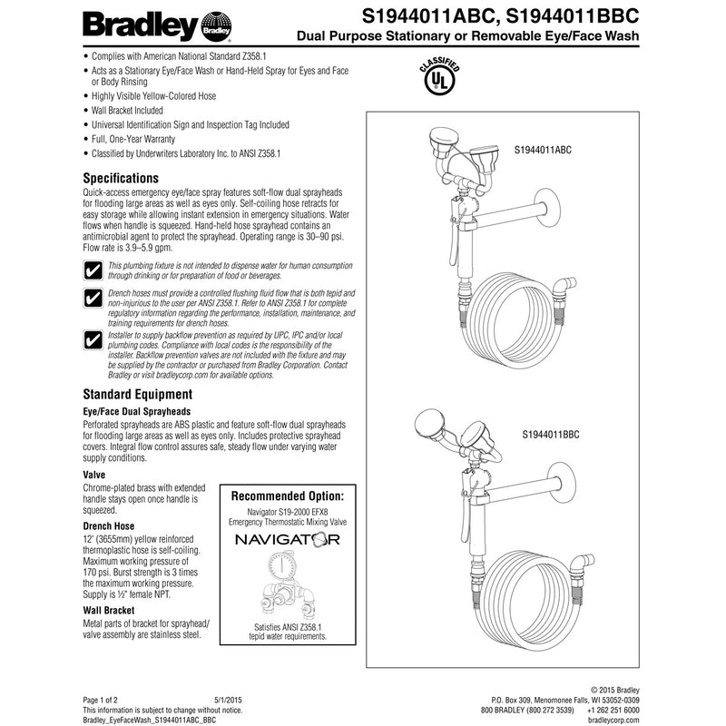 Bradley S1944011ABC Wall Mount Dual Head Eye Face Wash Drench Hose