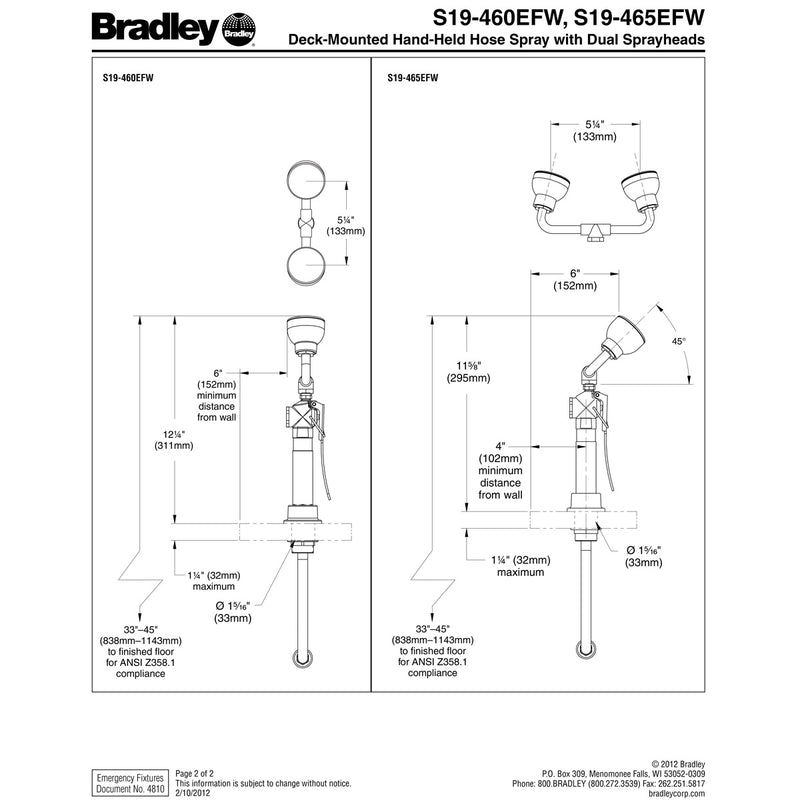 Bradley S19-465EFW Deck Mount Drench Hose Angled Eye Face Wash