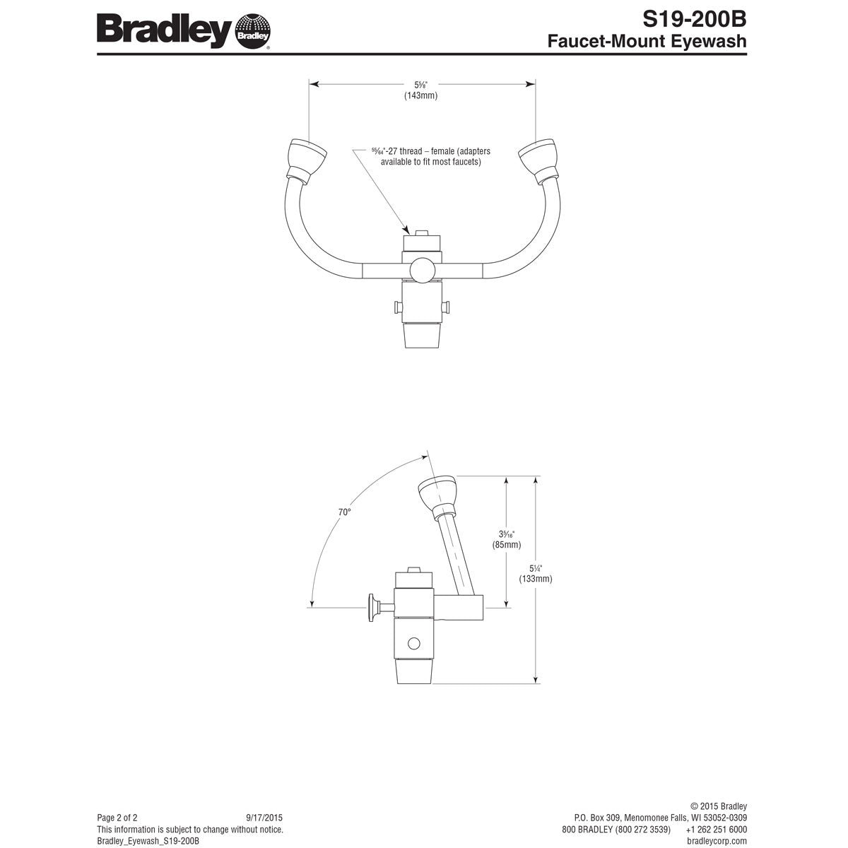 Bradley S19-200B Faucet Mounted Emergency Eye Wash Station