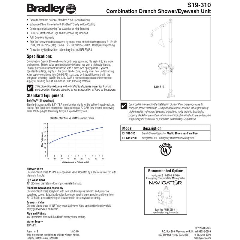 Bradley S19-310 Safety Shower Eyewash Station w/ Plastic Eyewash Bowl