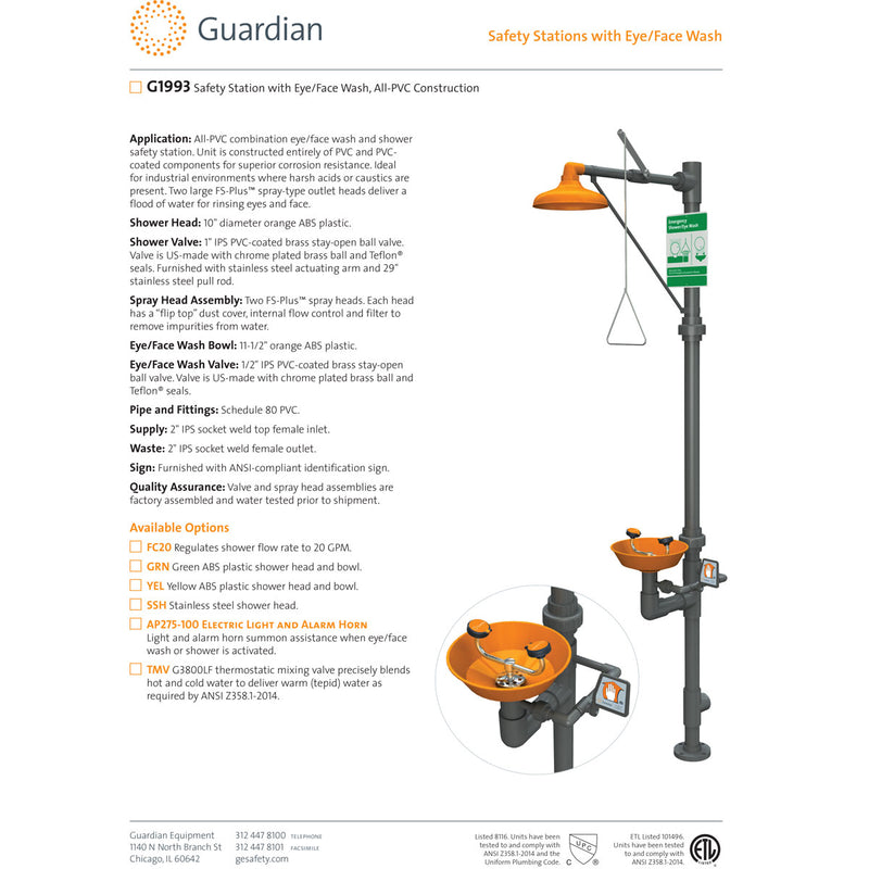 Guardian G1993 Safety Shower with Eye/Face Wash Station, All-PVC Construction