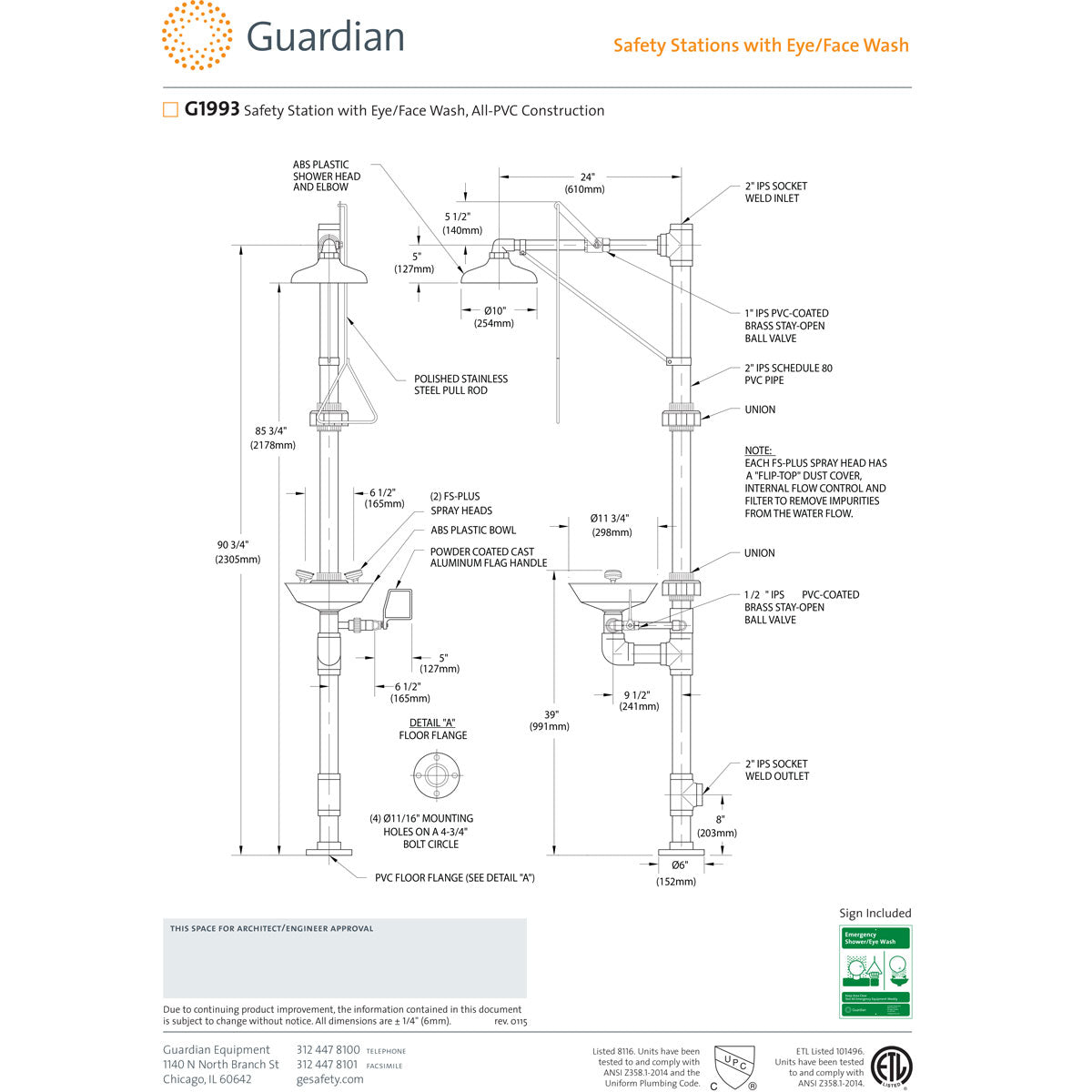 Guardian G1993 Safety Shower with Eye/Face Wash Station, All-PVC Construction