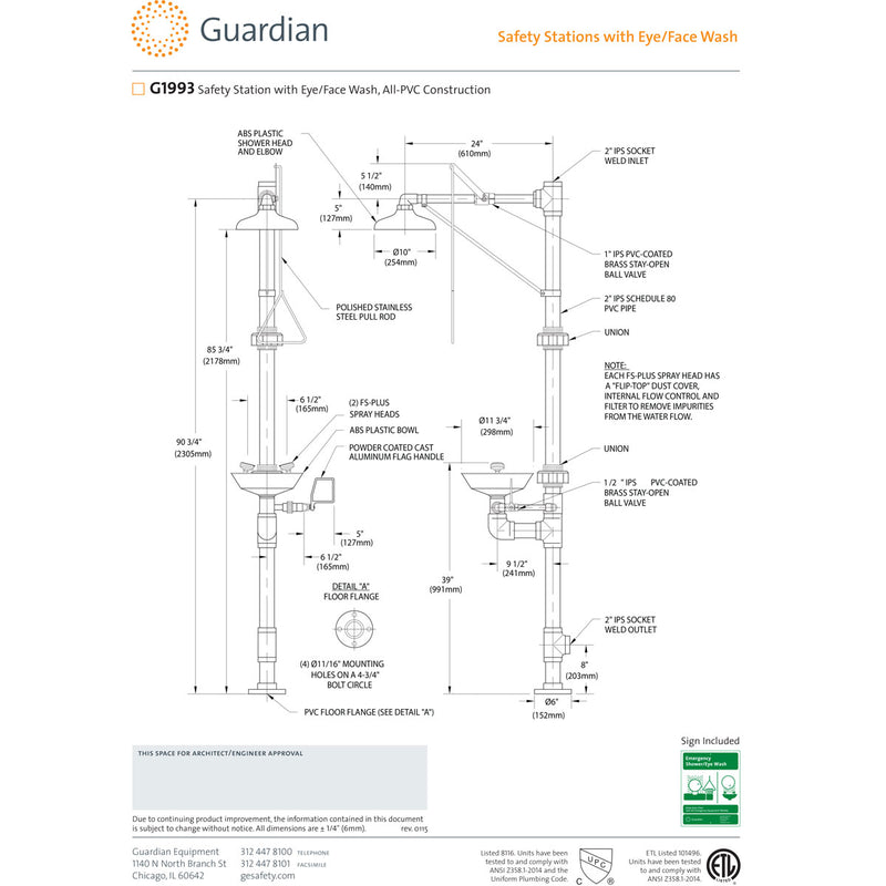 Guardian G1993 Safety Shower with Eye/Face Wash Station, All-PVC Construction