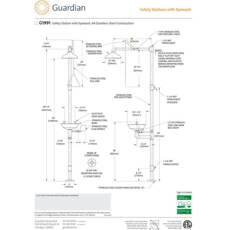 Guardian G1991 Safety Shower with Eyewash Station, All-Stainless Steel Construction