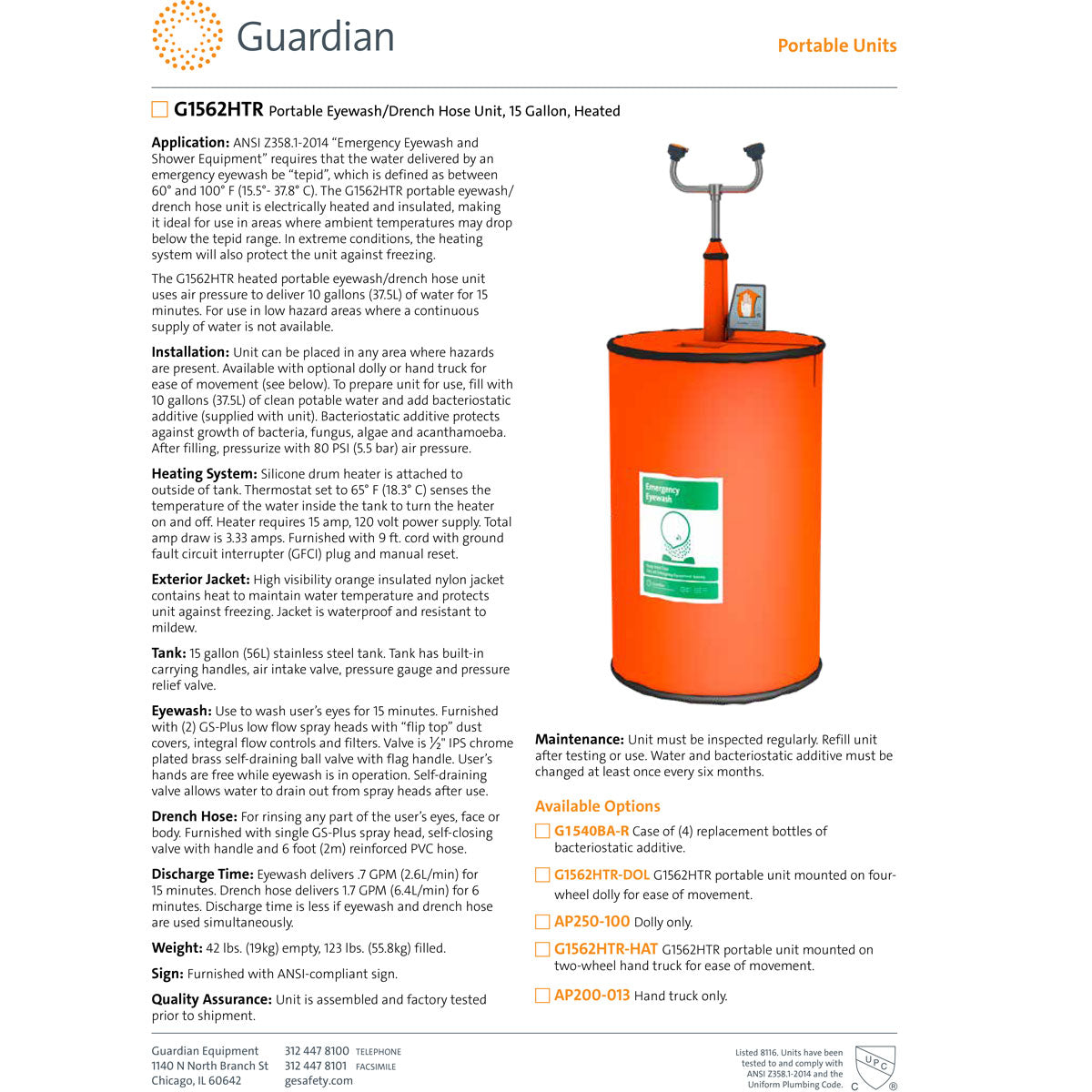 Guardian G1562HTR Freeze Resistant Portable Eyewash/Drench Hose Unit