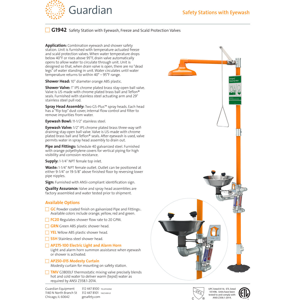 Guardian G1942 Safety Shower with Eyewash, Freeze and Scald Protection Valves