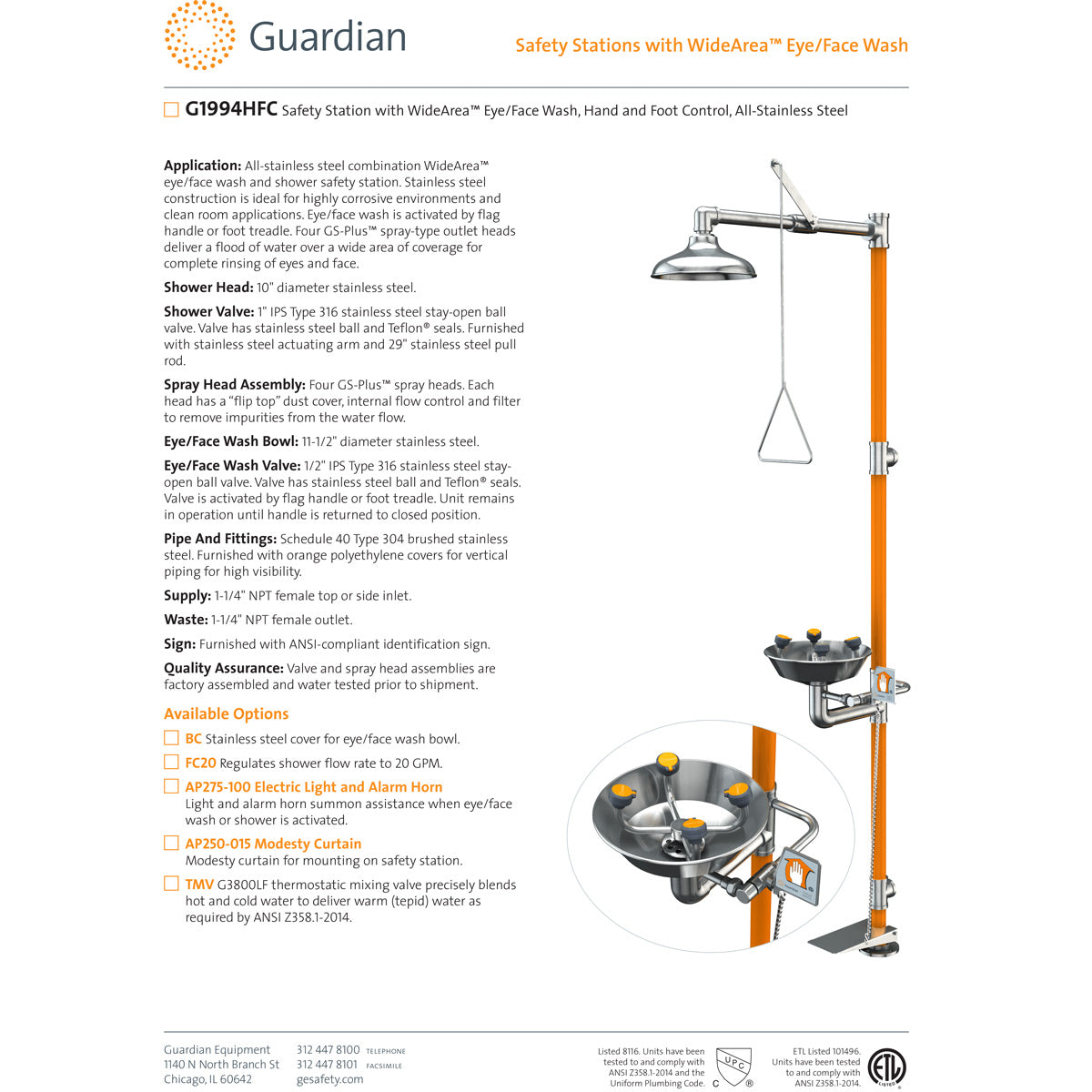 Guardian G1994HFC Safety Shower Eye/Face Wash Station, Hand/Foot Control, All-Stainless