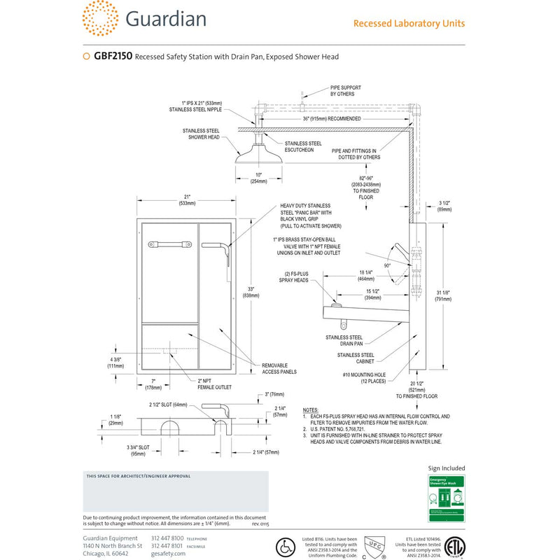 Guardian GBF2150 Recessed Combination Drench Shower & Eye/Face Wash