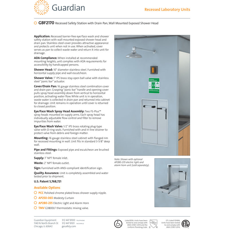 Guardian GBF2170 Recessed Safety Station with Drain Pan, Wall Mounted Exposed Shower Head