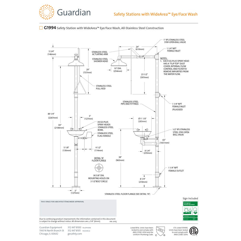 Guardian G1994 Safety Shower with WideArea Eye/Face Wash Station, All-Stainless Steel