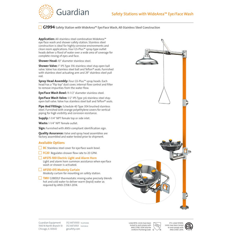 Guardian G1994 Safety Shower with WideArea Eye/Face Wash Station, All-Stainless Steel