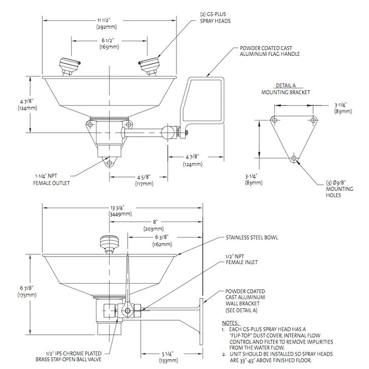 Guardian G1814 Wall Mount Emergency Eyewash Station, Stainless